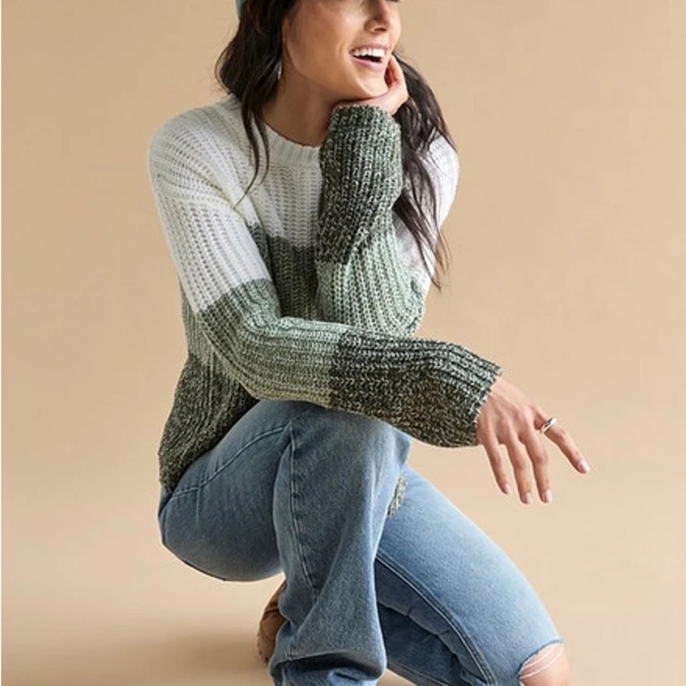 Francesca’s Colorblock Knit Sweater - Olive Green & White